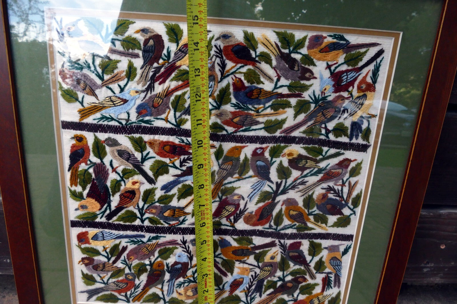 Large Bird Finch Cardinal Cross Stitch Needle Point Folk Art 15X15" Framed