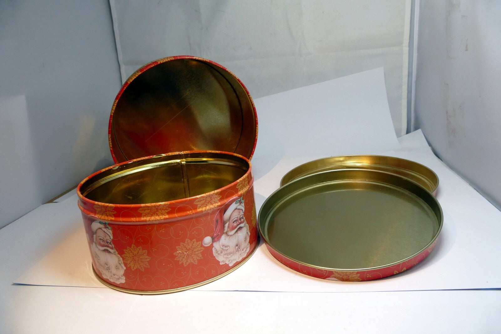 Two pack Cookies Candy Round Tin empty container Christmas eve Santa Claus smile