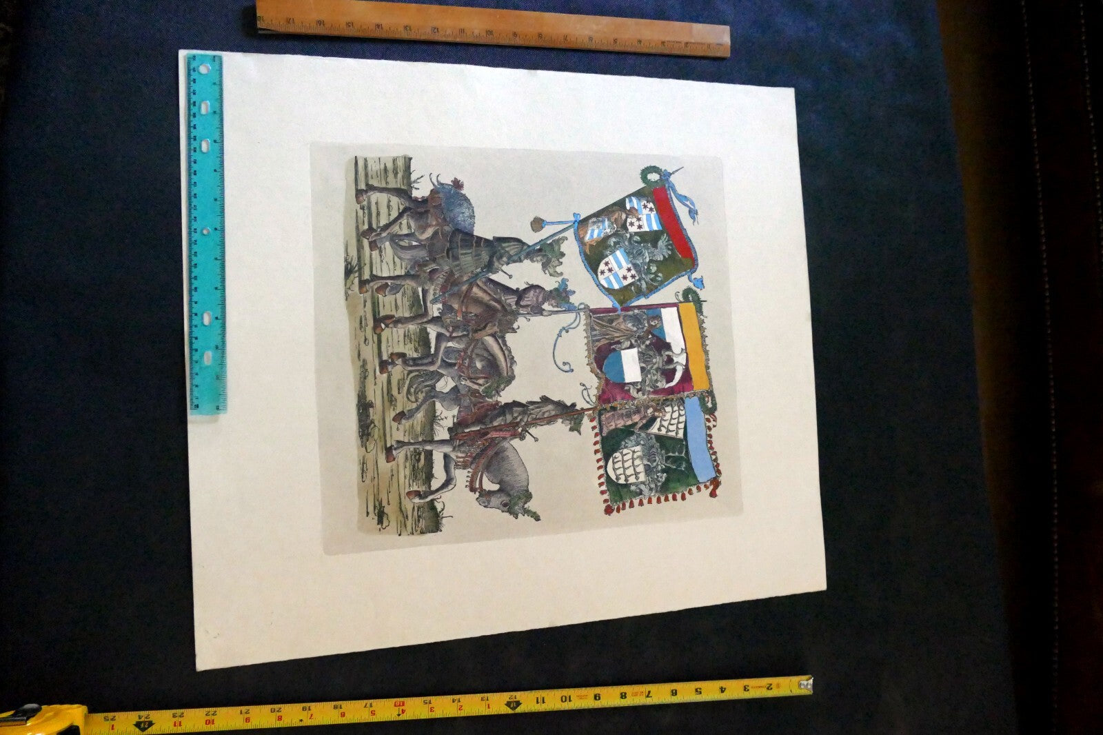 KNIGHT Flag Bearer HAND COLORED ENGRAVING large 21X24"