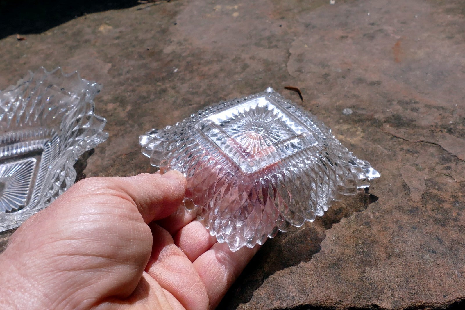 Set of 2 Clear Depression Glass Diamond Point Ruffle Edge Candy/Nut Dish