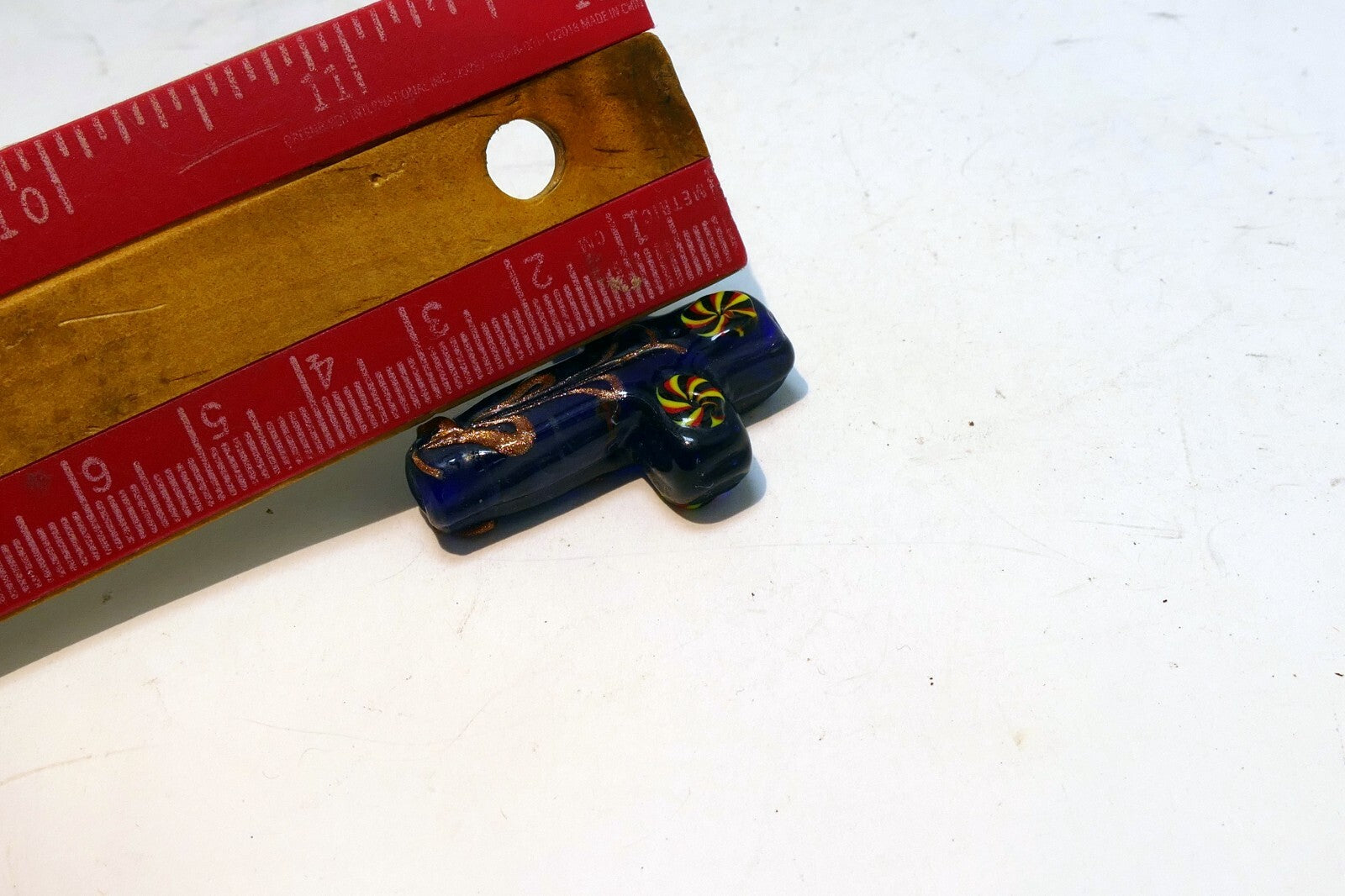 BLUE VENETIAN GLASS Dark Blue with Yellow floral design vintage 3.5cm