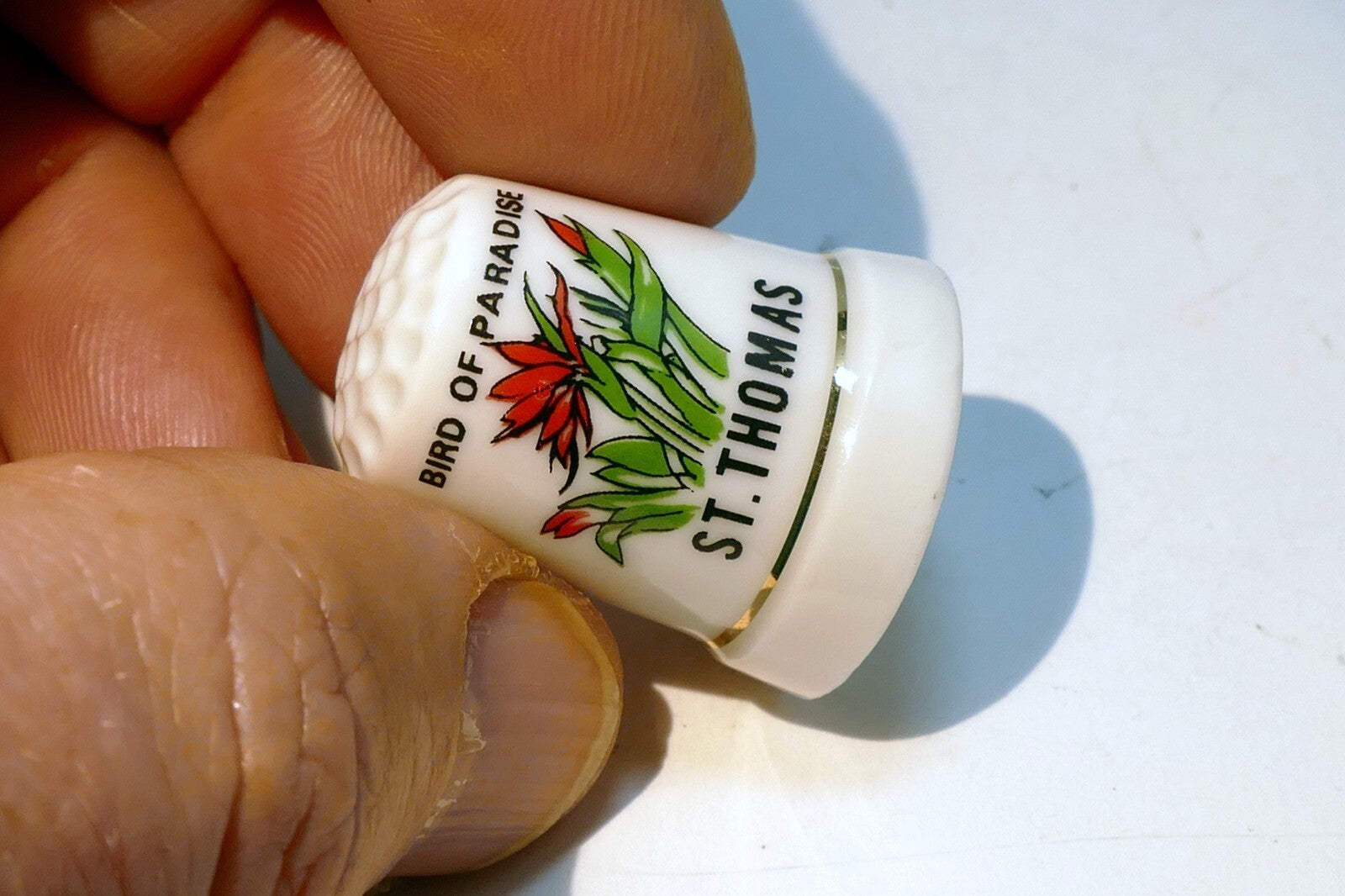Porcelain Thimble Souvenir Bird Of Paradise Floral  St. Thomas Caribbean