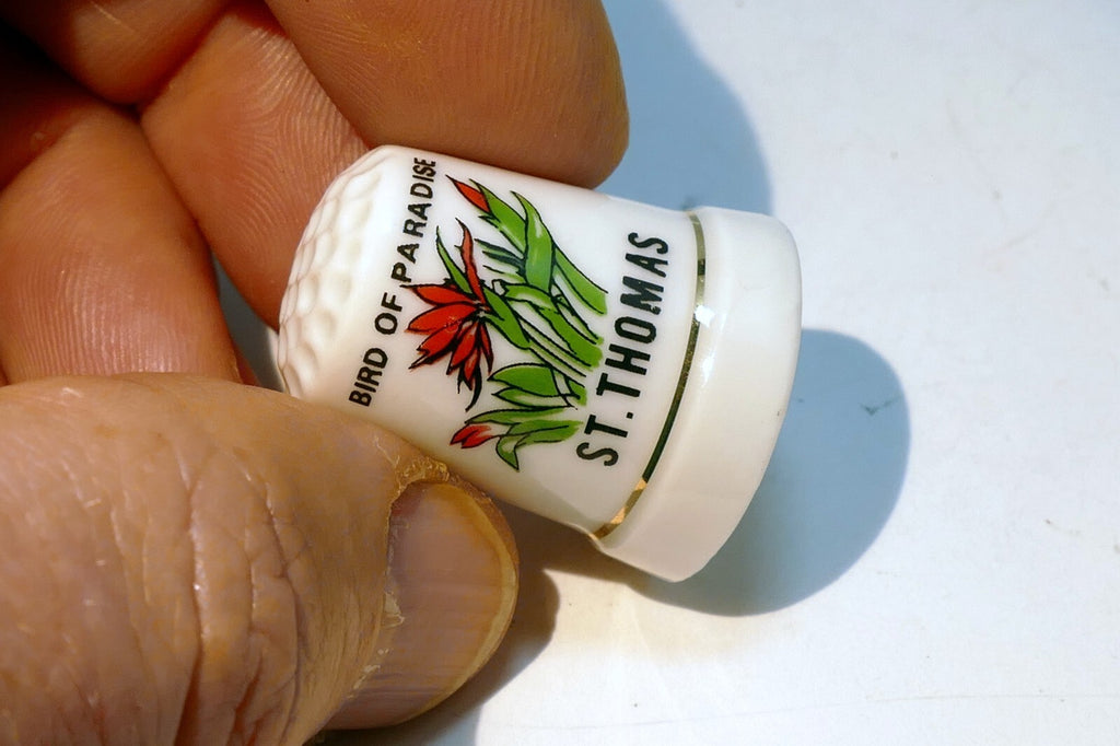 Porcelain Thimble Souvenir Bird Of Paradise Floral  St. Thomas Caribbean