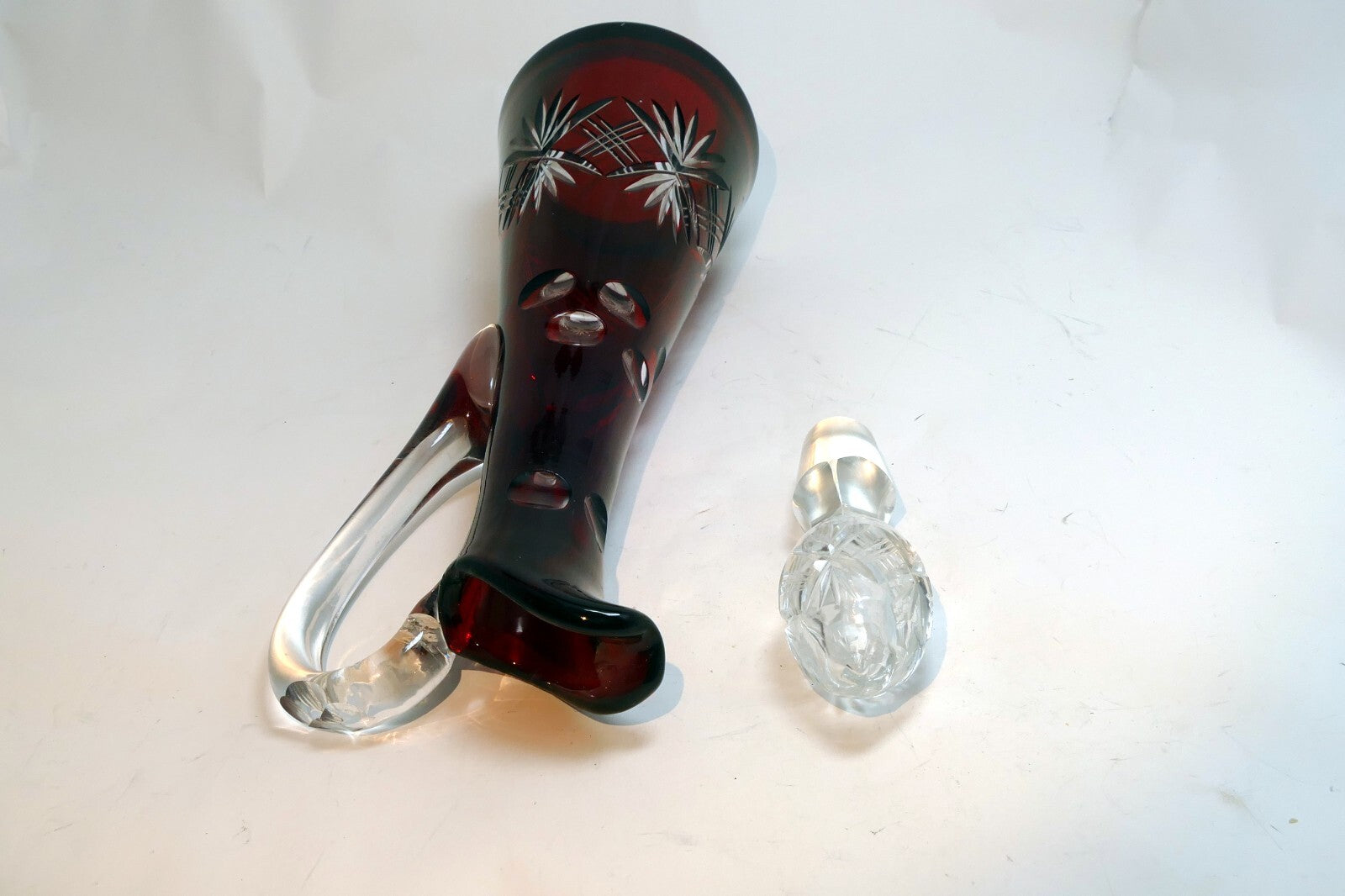 Bohemian Cut-to-Clear Ruby Red Glass Decanter With Faceted Stopper Wine