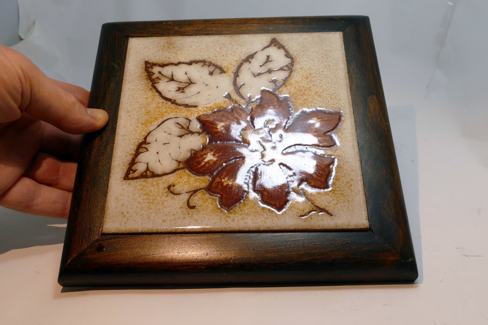 S. Marco Italy Ceramic Floral Flower Tile Trivet Wood Frame Rustic