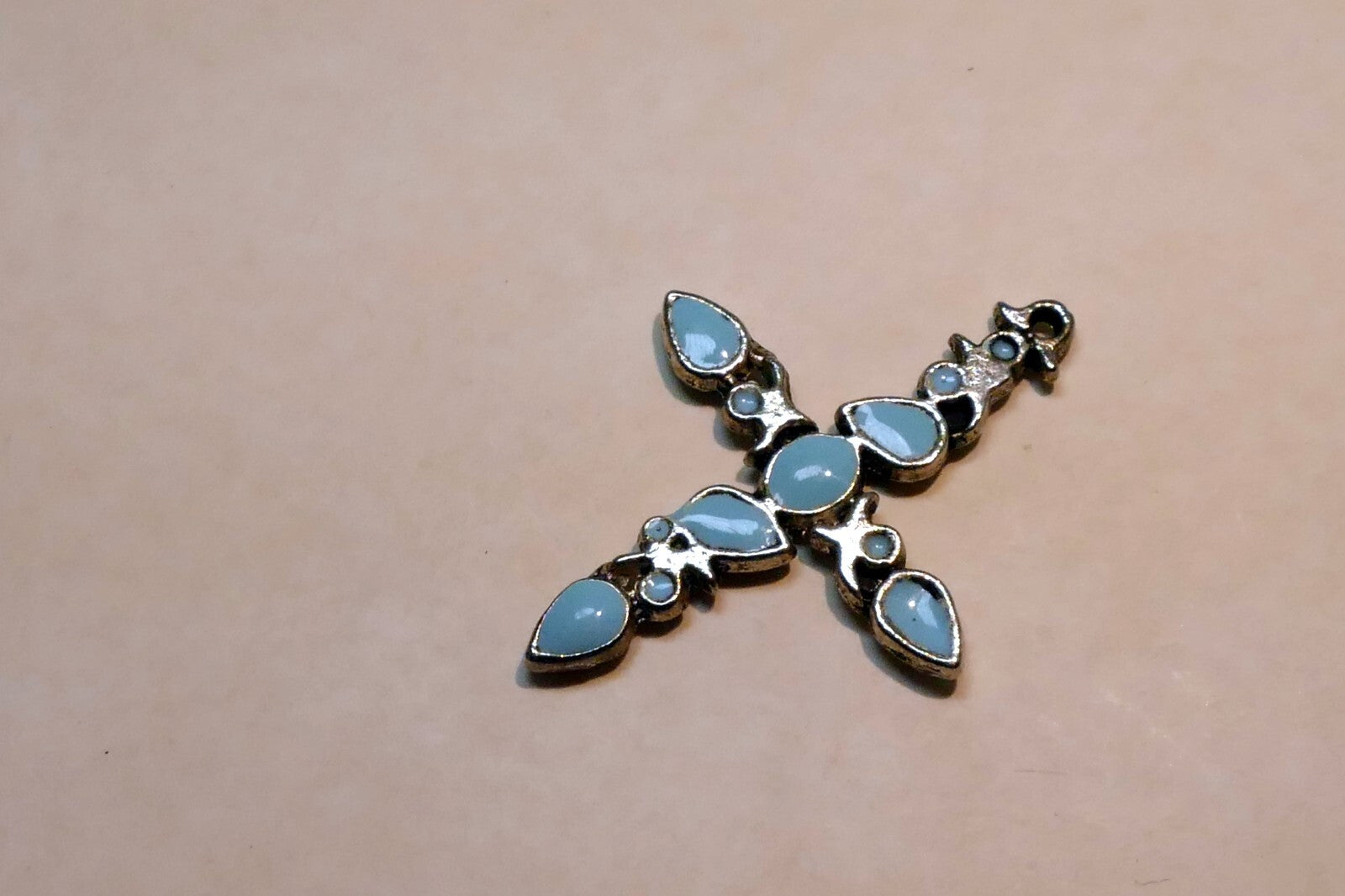 Metal Crucifix Cross Pendant Blue Moon stone torquoise tone 1.5"