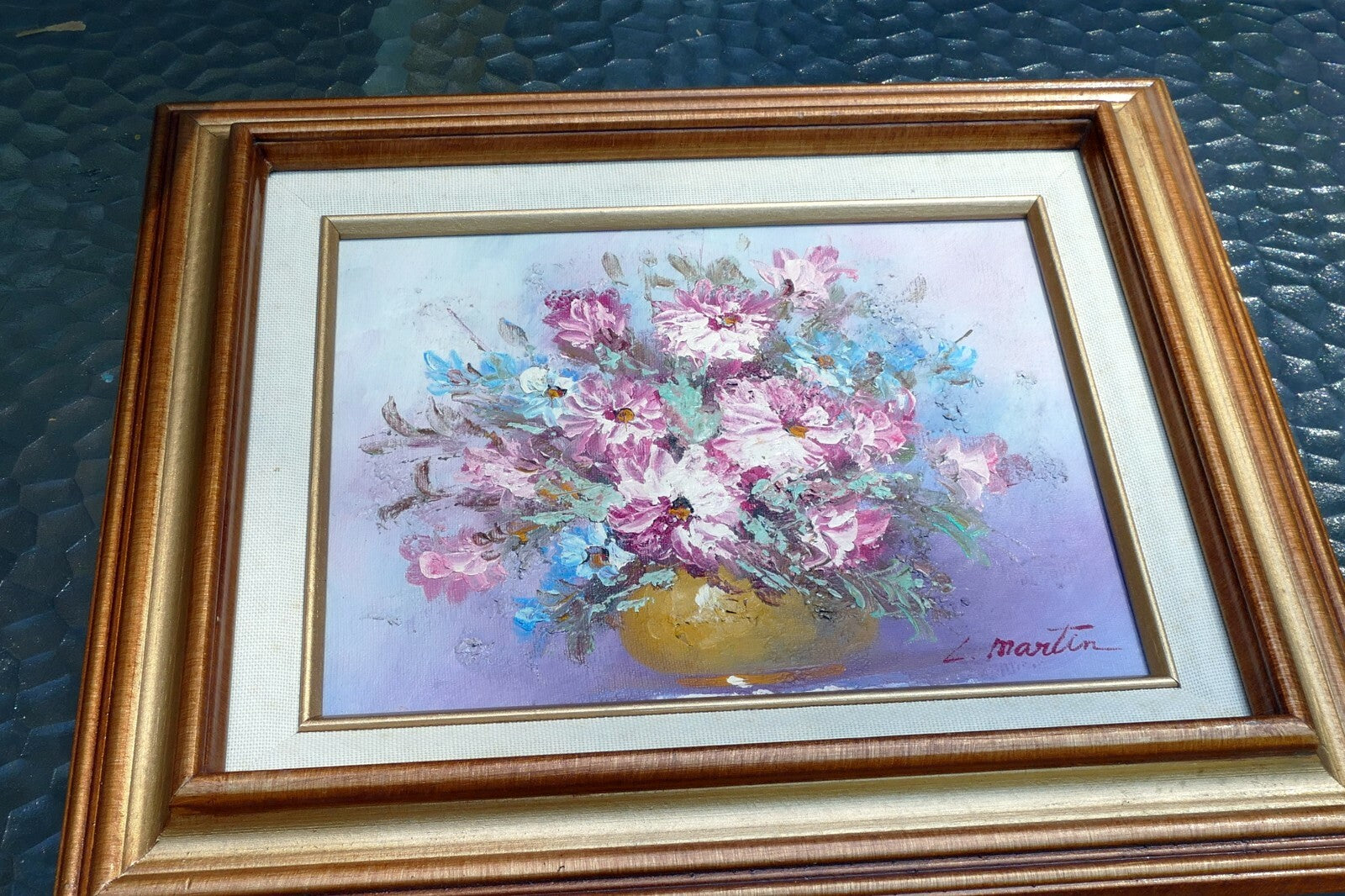 Painting Oil On Canvas L Lupe Martin Pink flowers heavy texture original 8X10"