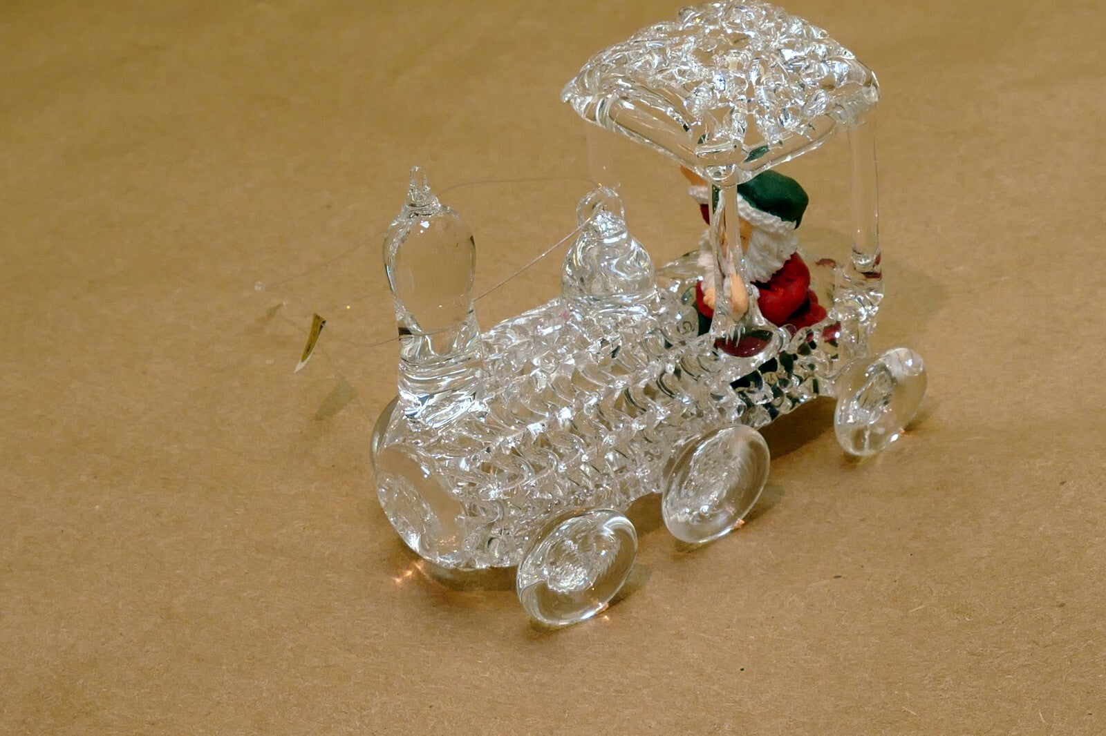 Spun Glass Crystal Christmas Ornament  Santa Claus driving engine train
