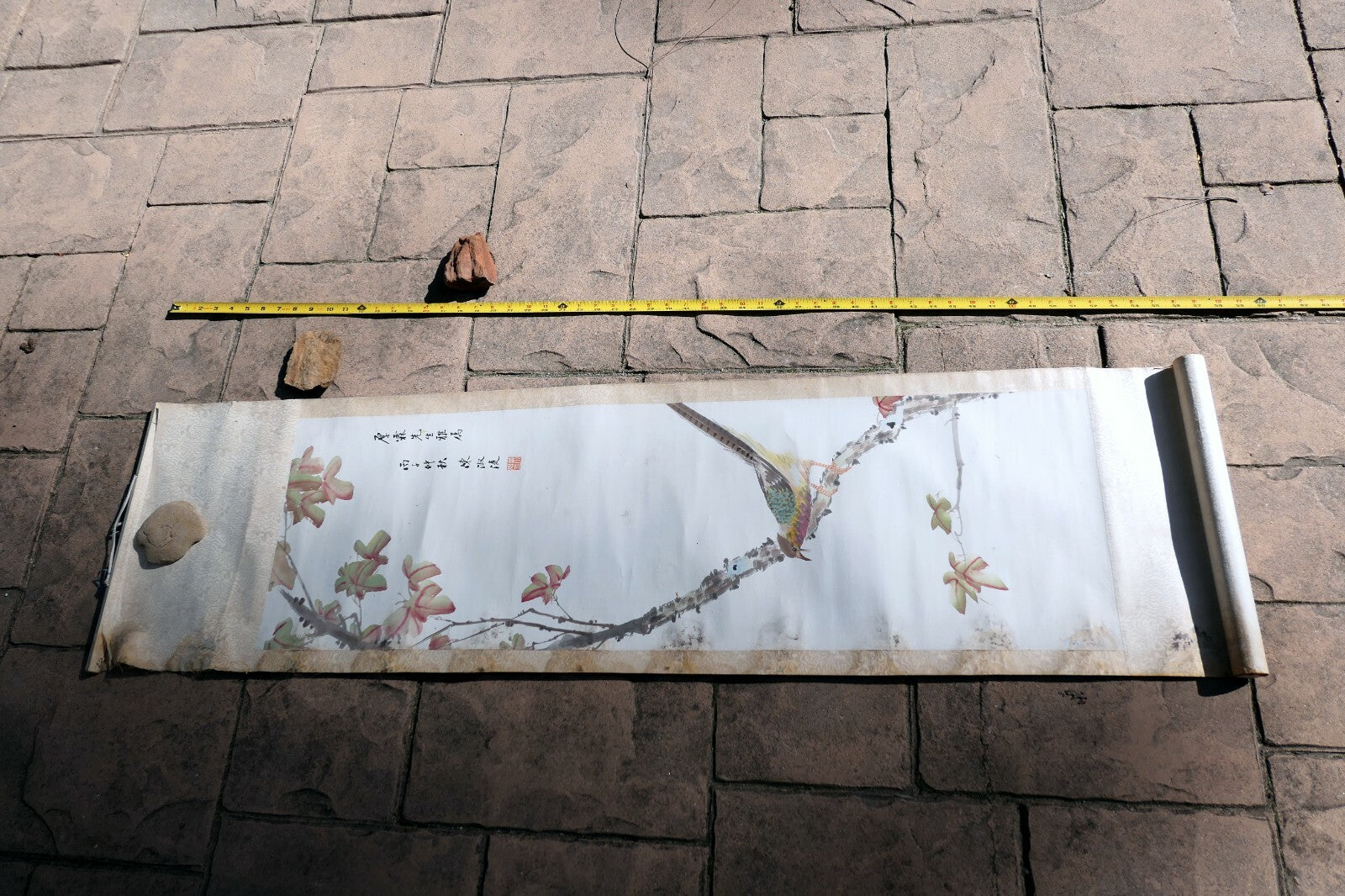 Vintage Chinese Painting Scroll Pheasant Bird Flowers Tree branch antique