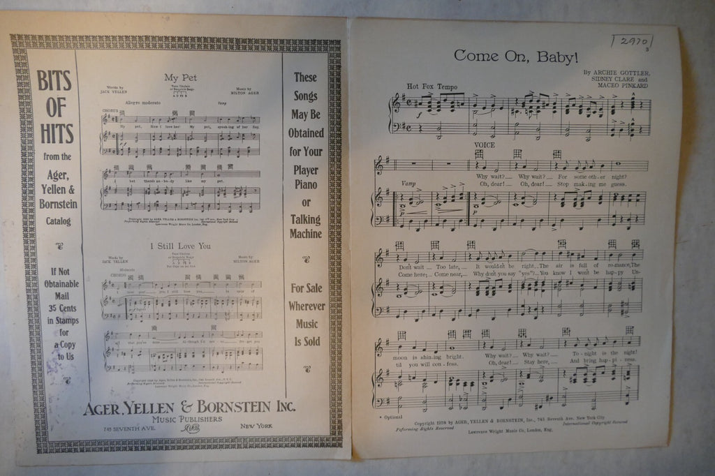 Come On Baby! 1928, by Archie Gottler, Sidney Claire and Maceo Pinkard