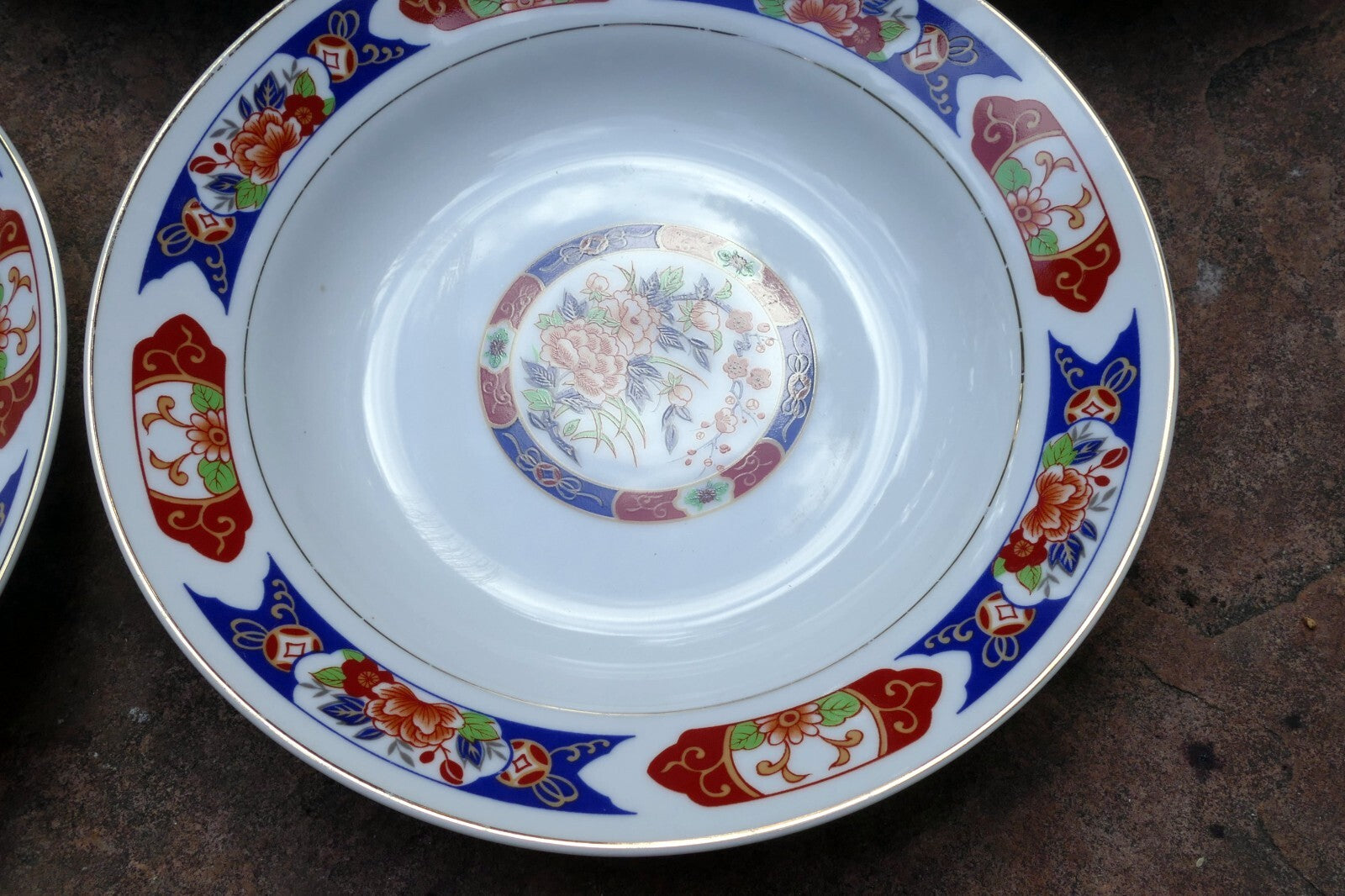 5 TTC China 8" Round SOUP Plate Gold trim TTN1 Red-Blue Floral made in Japan