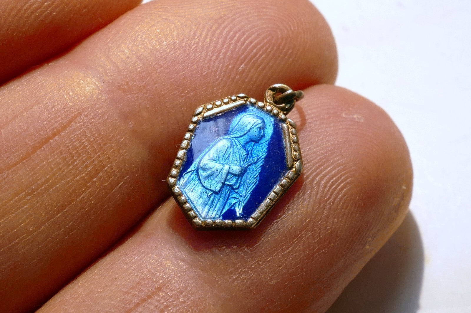 Virgin Mary Christ Pendant Charm Saint J.B. M. Vianney cure d'Ars Blue Enemeled