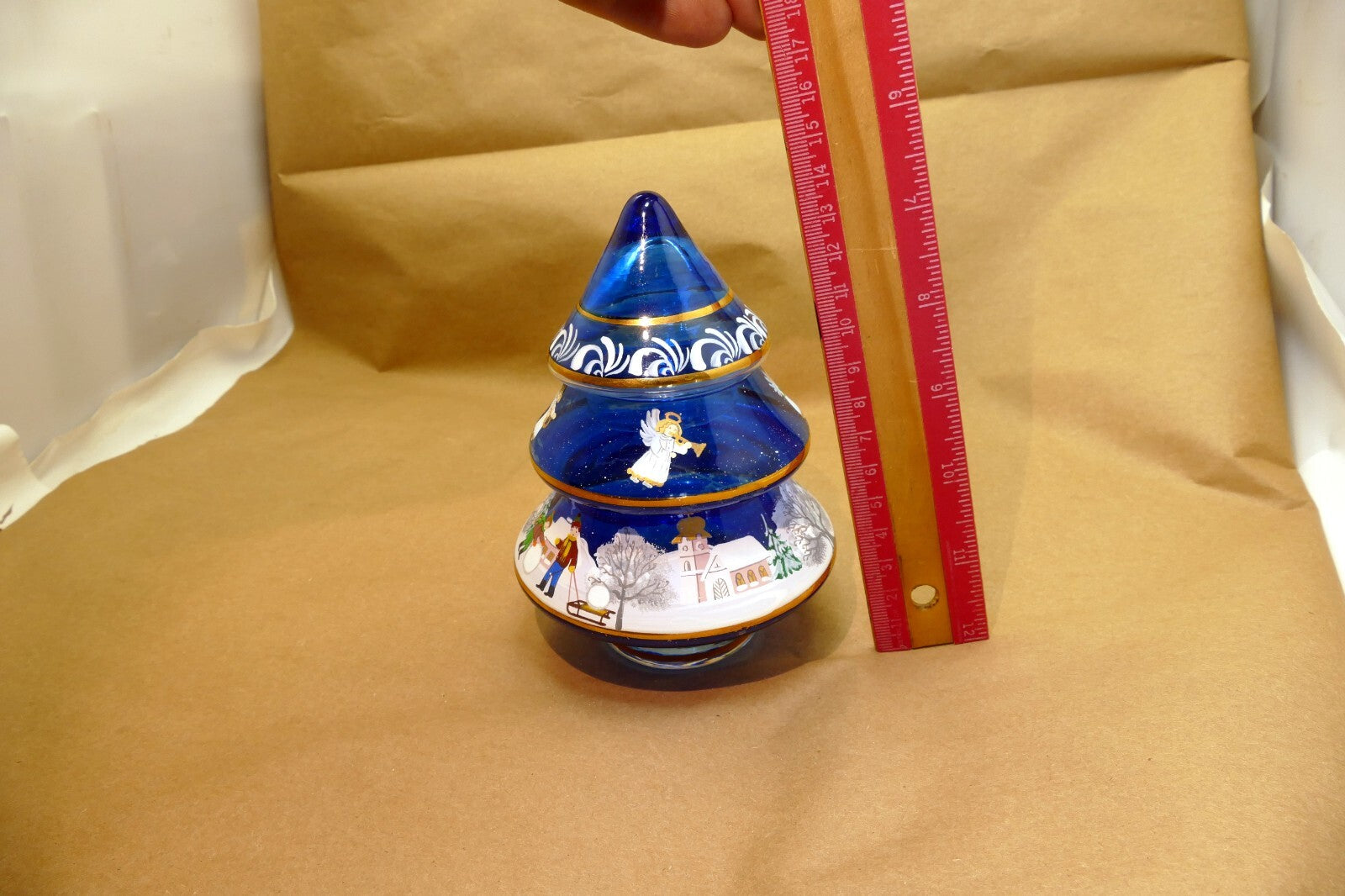 5" Hand Blown Glass Christmas Scene trinket box painted blue