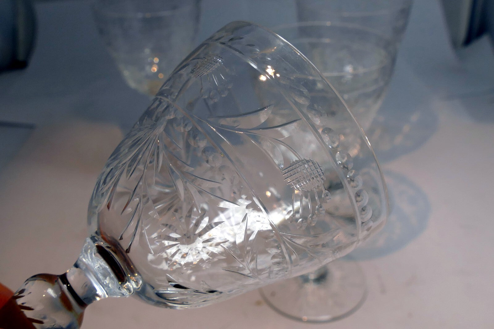 QUEEN'S Anne Lace Bohemian Wine Stem Glass Clear Cut Etched set of 4 Goblets