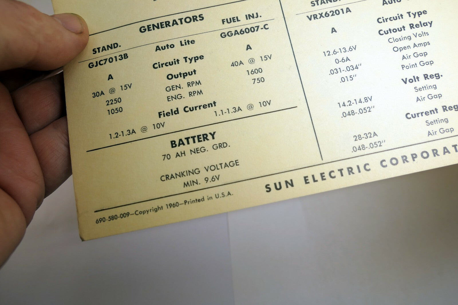 1958 Chrysler 300D LC3-S 392 Sun Electric Car Specs Sheet Chart