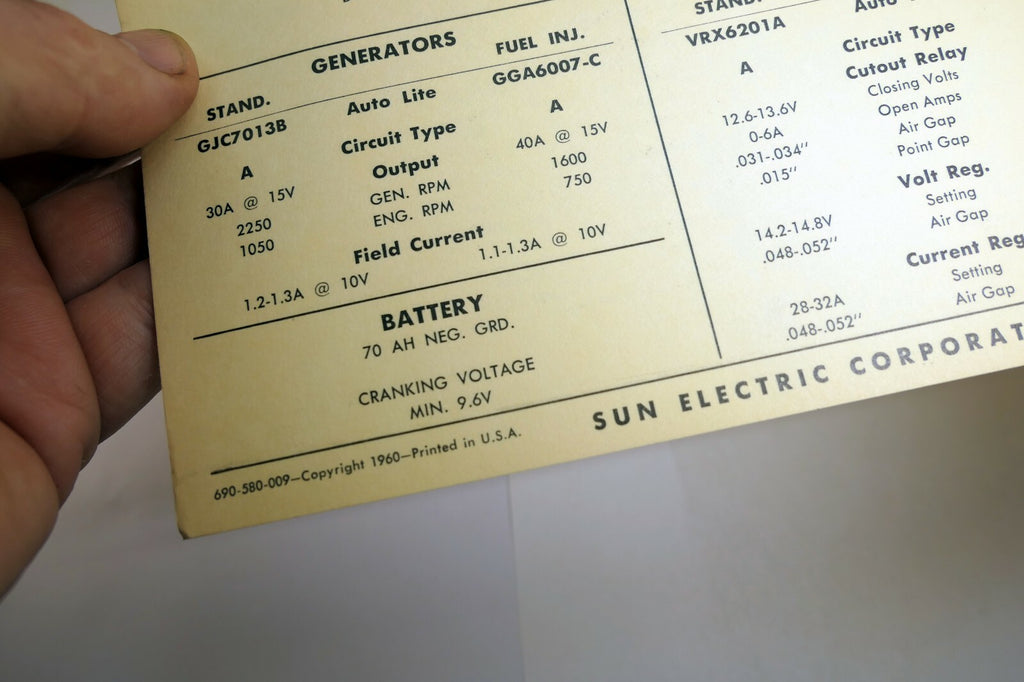 1958 Chrysler 300D LC3-S 392 Sun Electric Car Specs Sheet Chart