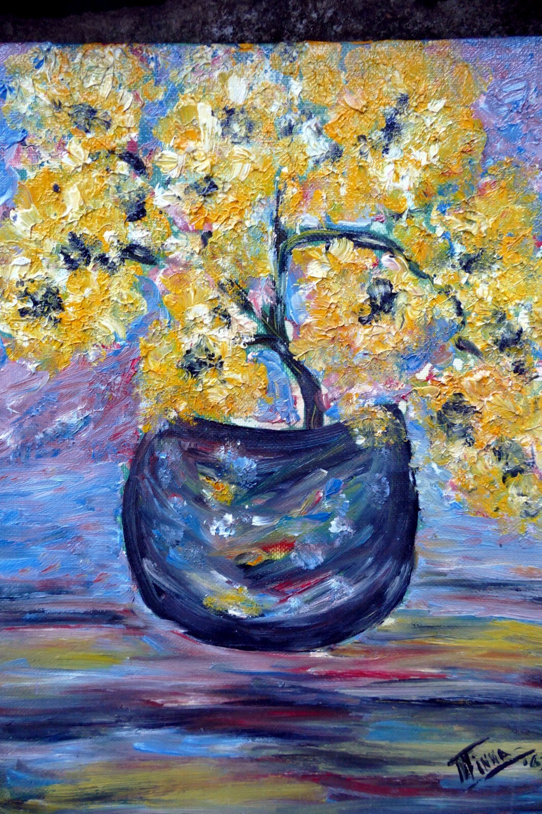 Oil painting of blue yellow flowers bouquet vase signed minna ' 63 1963