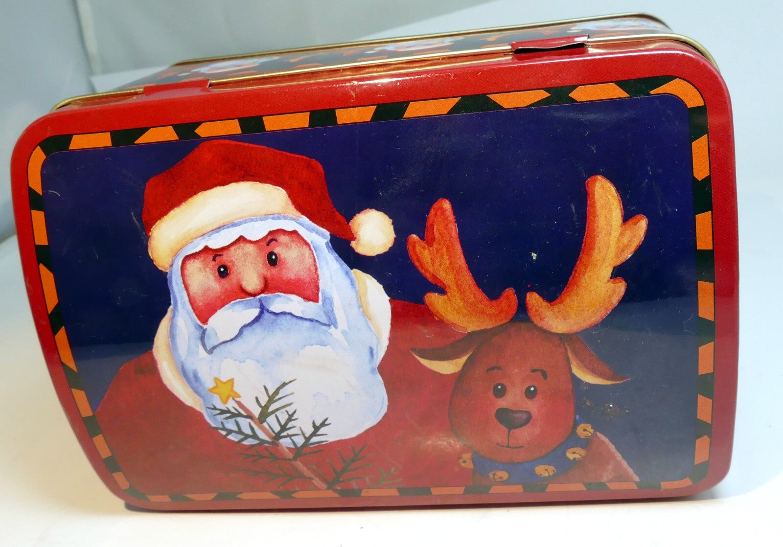 Greenbrier chocolates christmas eve tin empty container santa claus rudolph deer