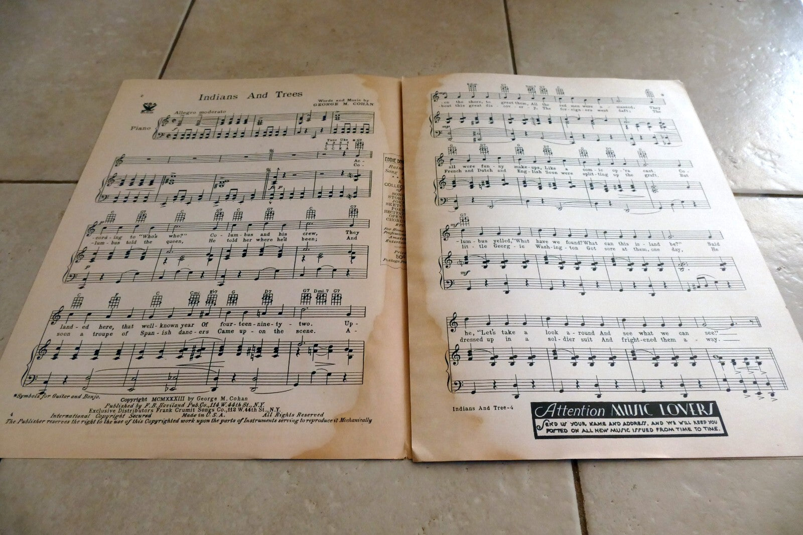 Indians and Trees by George Cohan 1933 Music Sheet