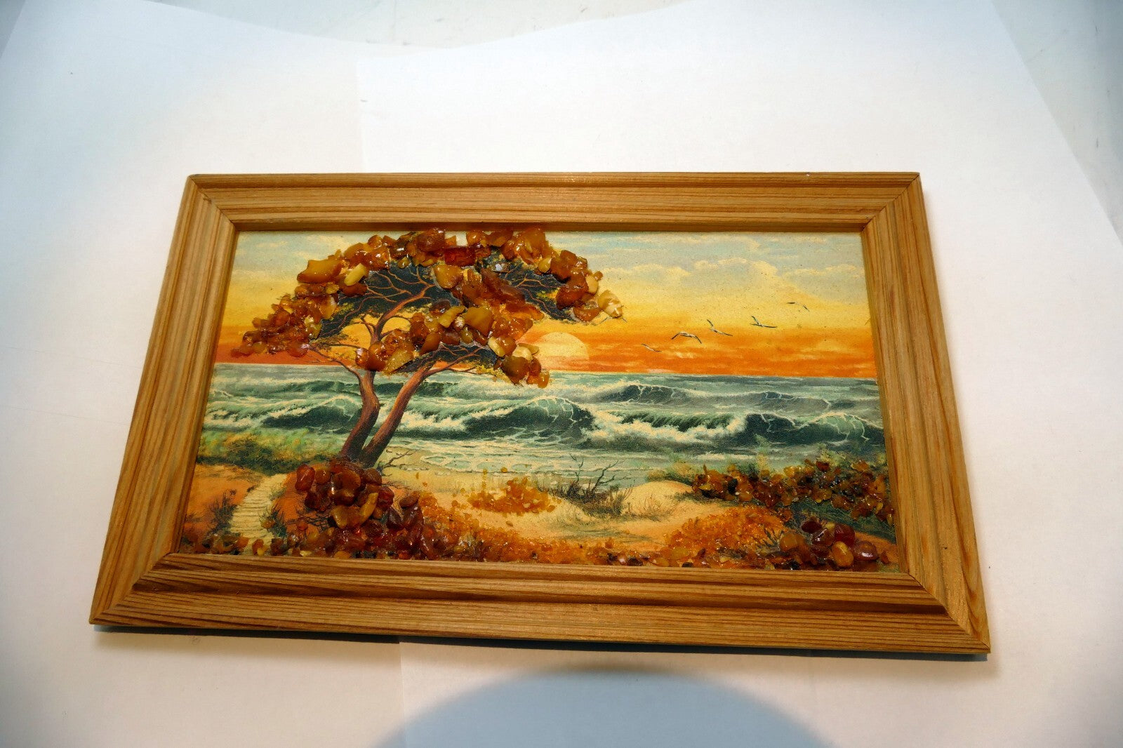 AMBER PAINTING BALTIC Sea Seascape Landscape Tree Waves Sky Sunset gull birds