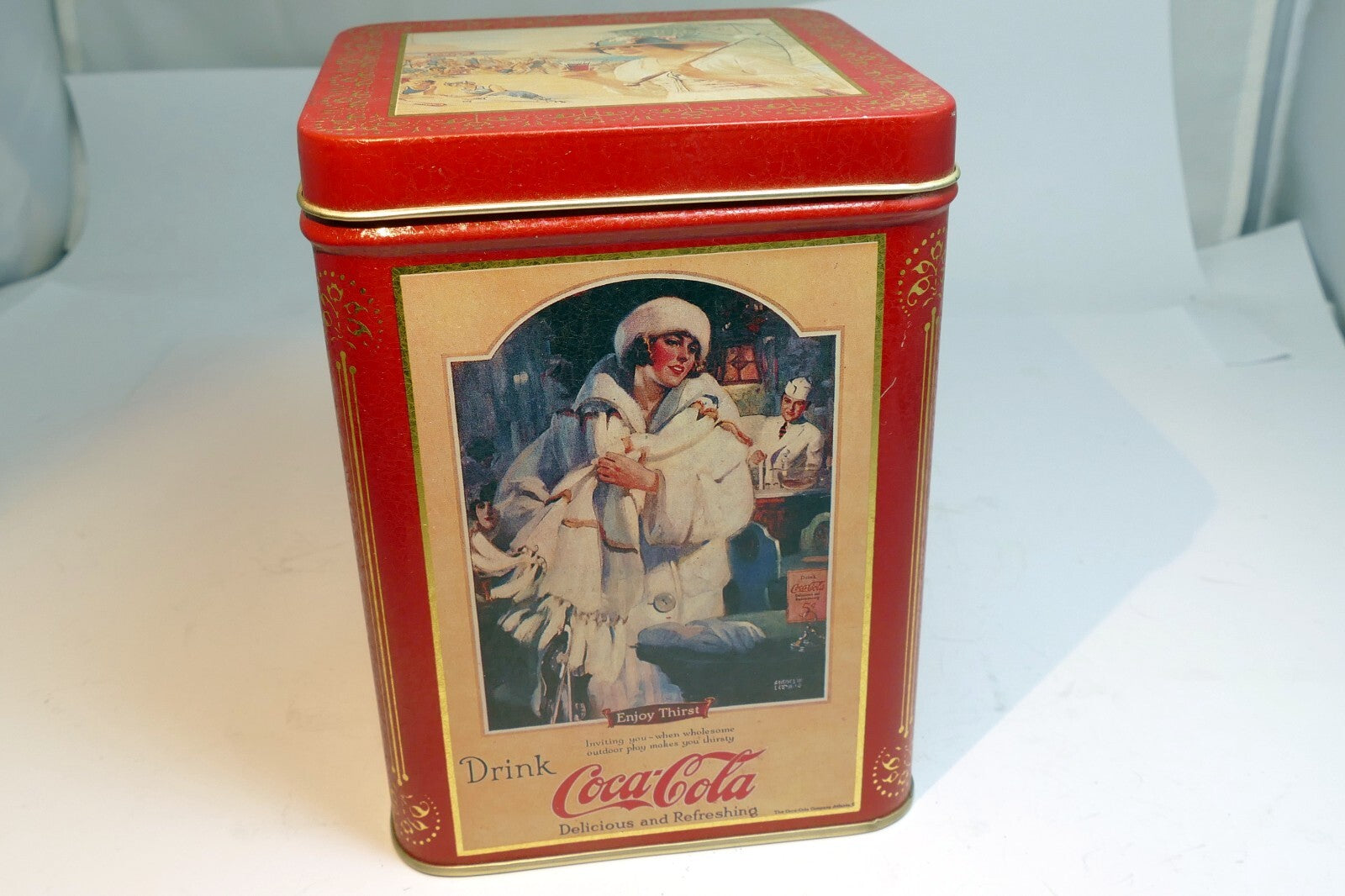 Vintage Coca-Cola Tin Can 1994 Red & Gold "Enjoy Thirst" Drink rectangle  5.5"