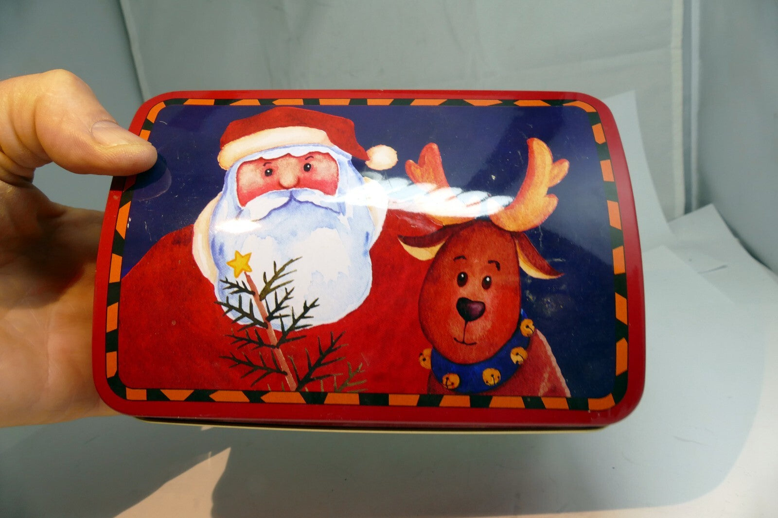 Greenbrier Chocolates Christmas Eve Tin empty container Santa Claus Rudolph Deer
