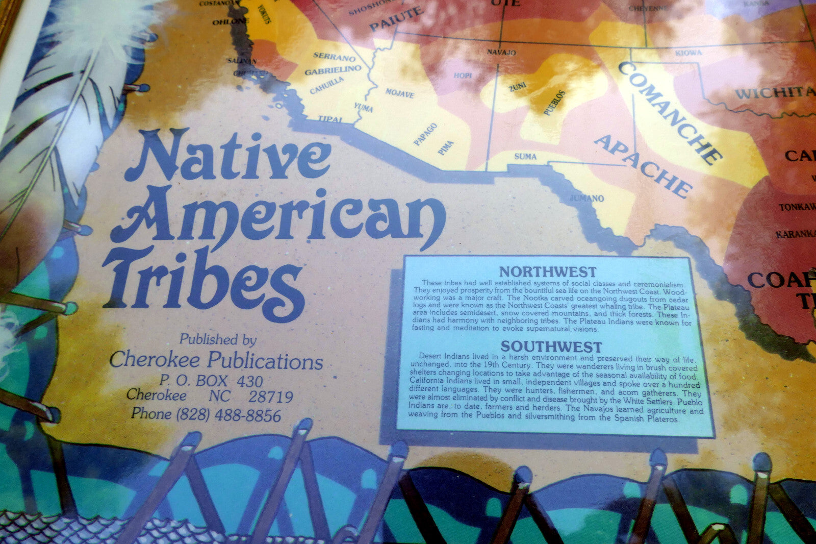 LARGE FRAMED TRIBES OF THE NaTIVE AMERICAN NATION PICTORIAL MAP Cherokee 1989