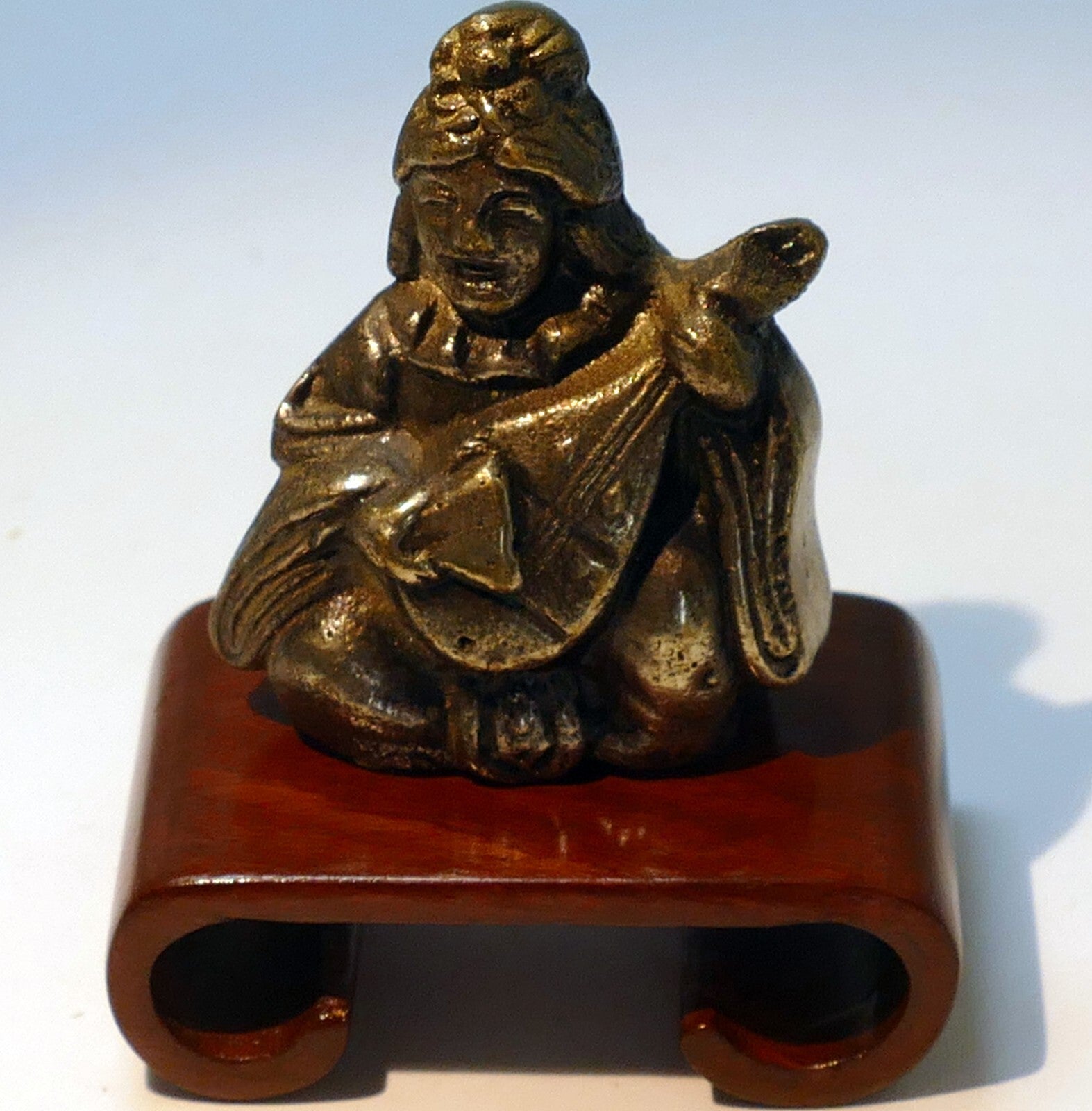 Bronze statue japanese netsuke metal with string instrument
