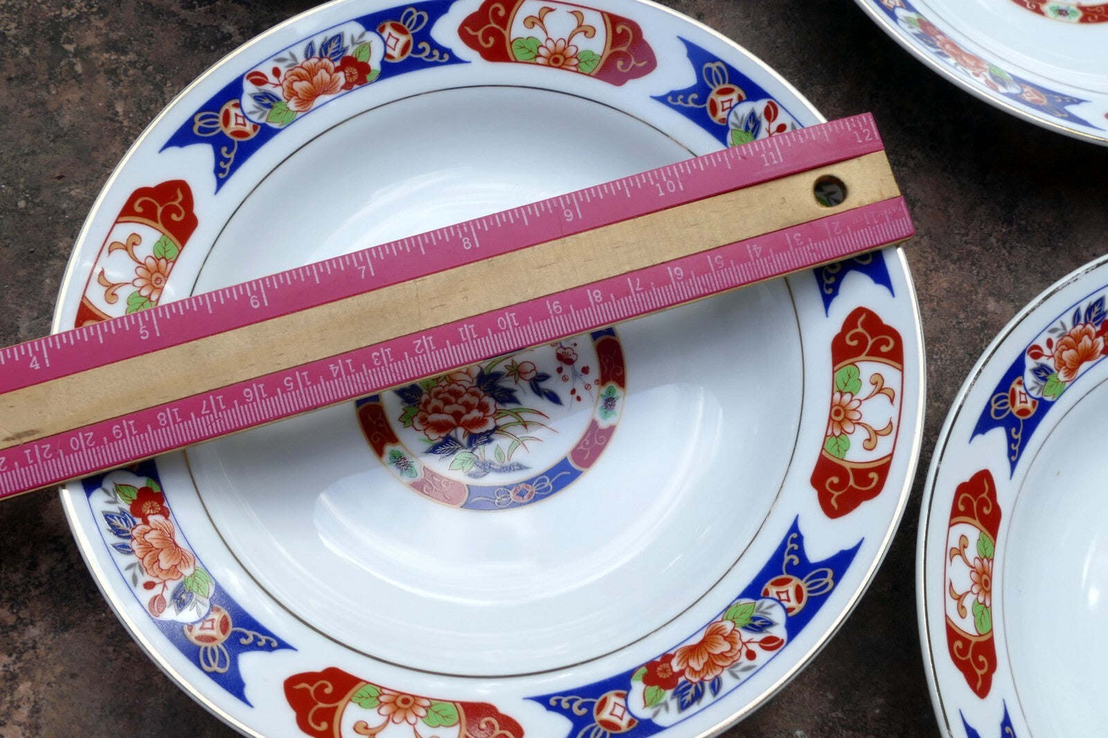 5 TTC China 8" Round SOUP Plate Gold trim TTN1 Red-Blue Floral made in Japan
