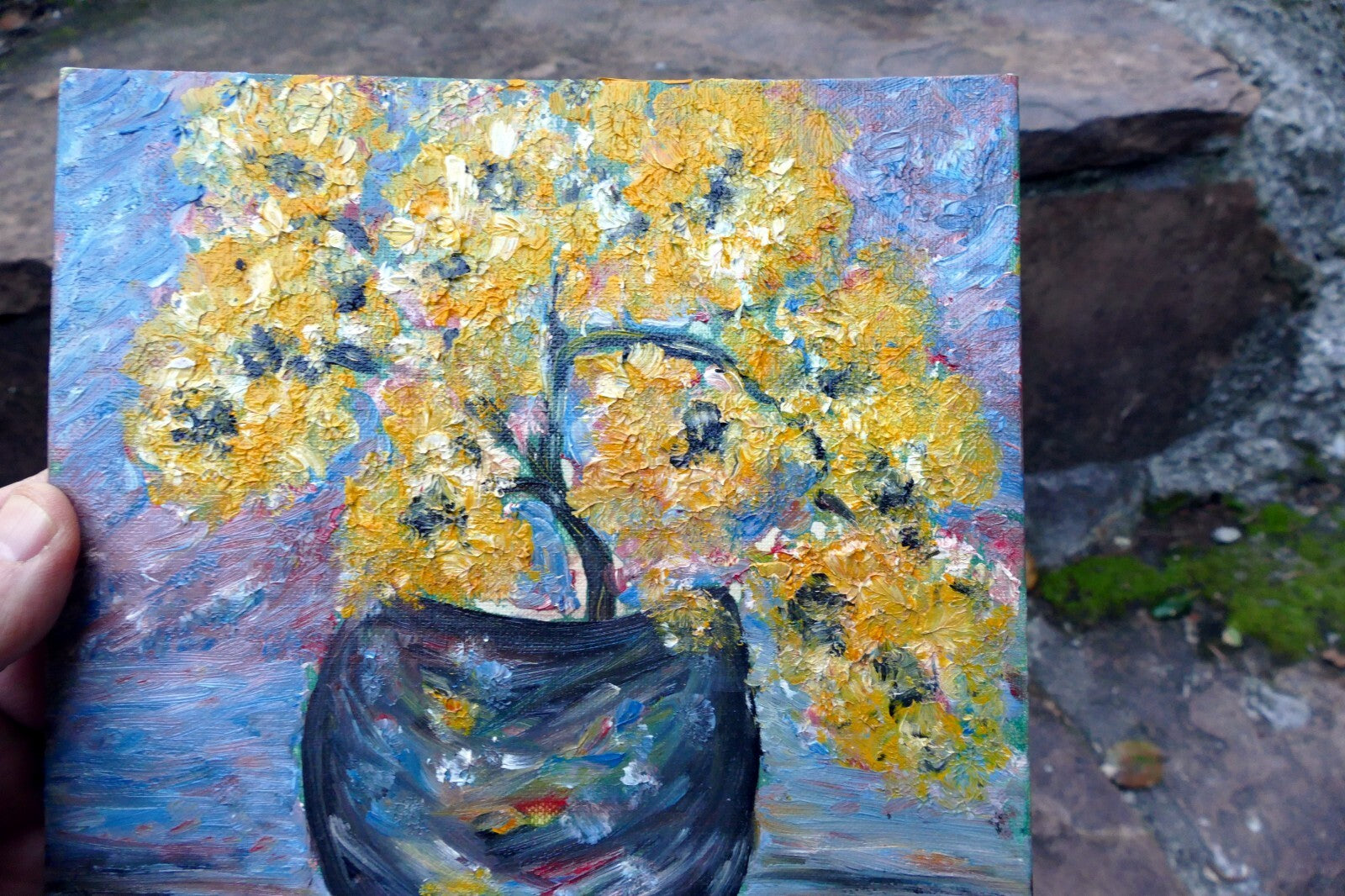 Oil Painting of  Blue Yellow Flowers Bouquet Vase Signed Minna ' 63  1963