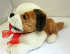 Soft plush stuffed dog 9" brown white red bow vintage christmas 11"