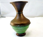 Solid brass vase engraved green floral design 6" tall east asian handmade