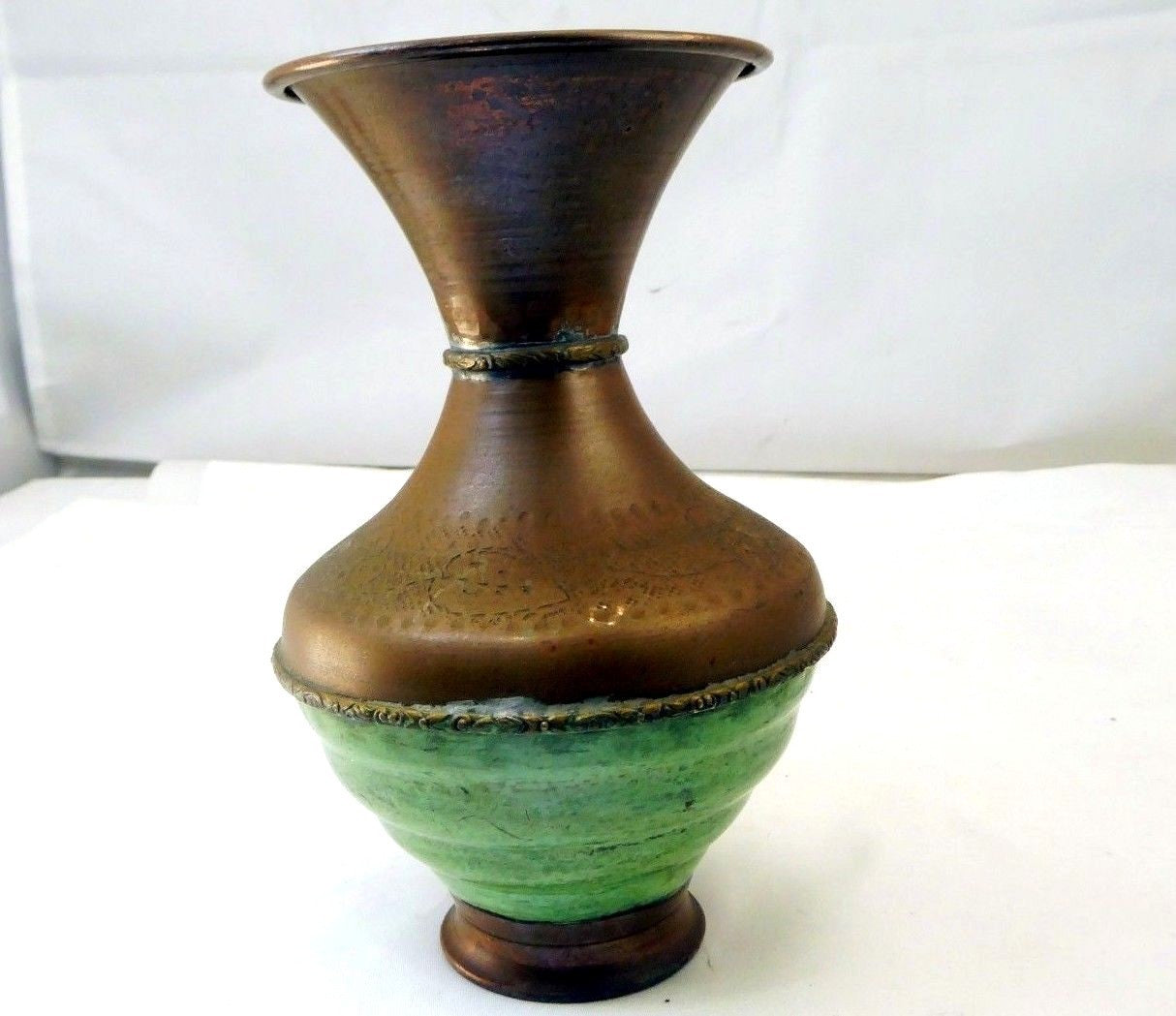 Solid brass vase engraved green floral design 6" tall east asian handmade