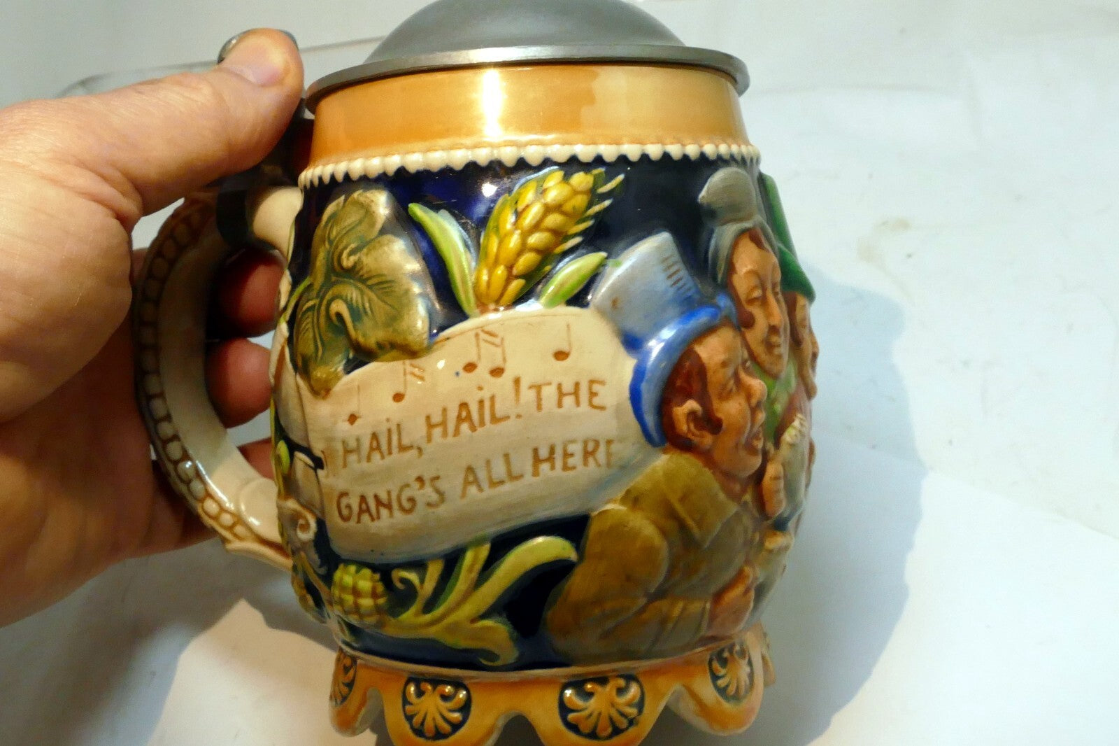 Gerz German Musical Beer Stein Mug w/ Music box 4X6" "THE GANG'S ALL HERE"