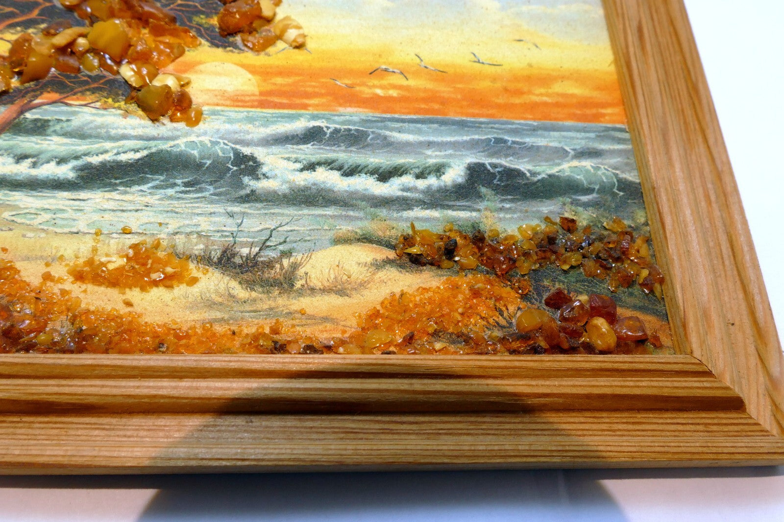 AMBER PAINTING BALTIC Sea Seascape Landscape Tree Waves Sky Sunset gull birds