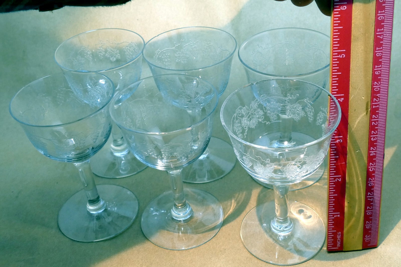 Cambridge Grape Cordial Etched / Crème De Menthe Glasses  - Set of 6 Lot Wine