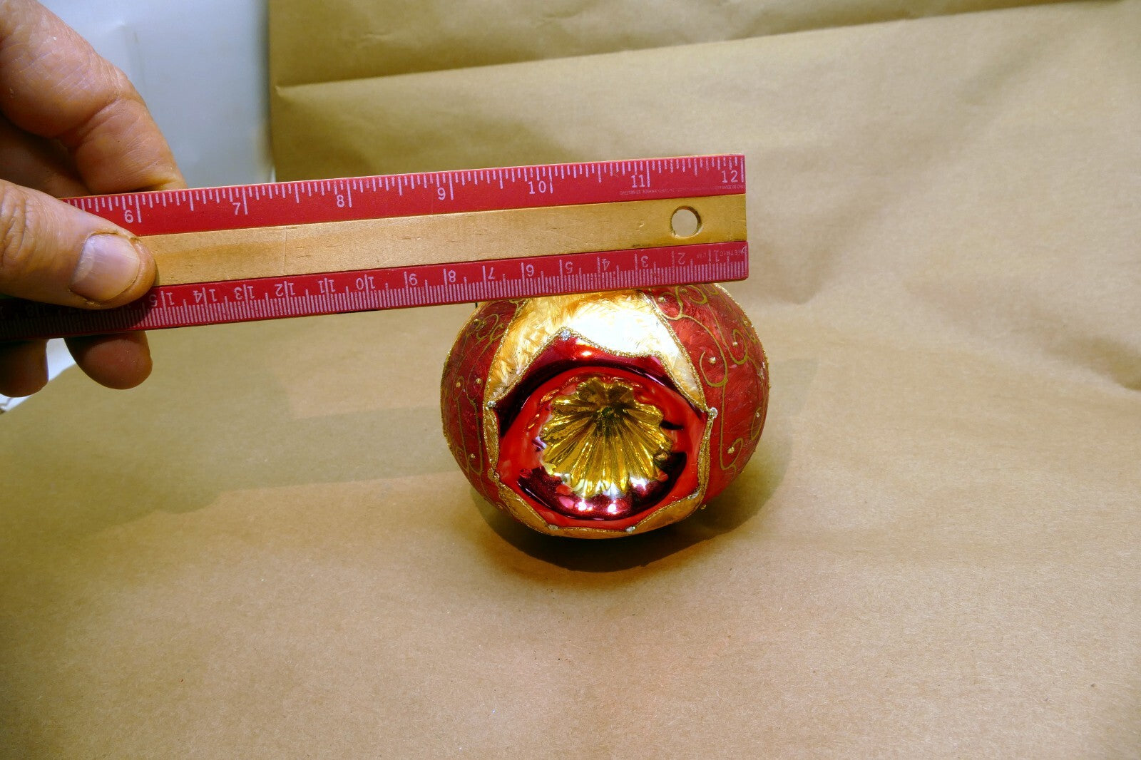 Blown Glass Gold-Red triple indent Christmas Ornament 4" Ball Mica Venice