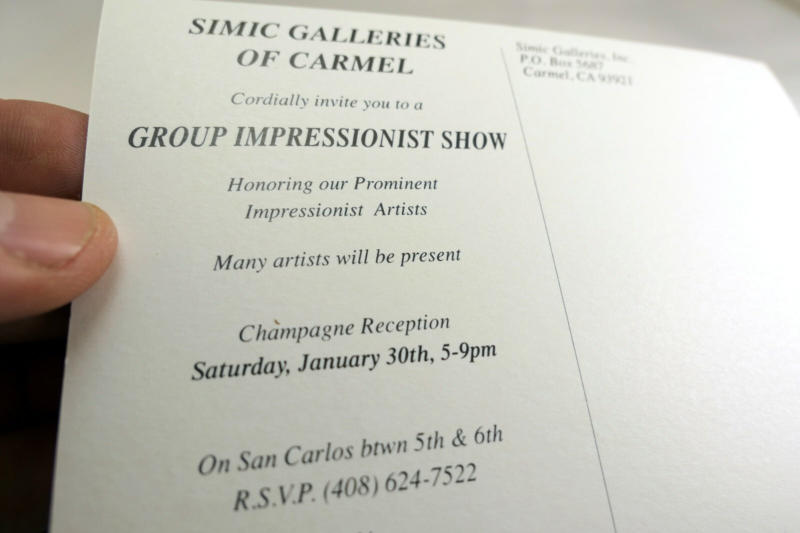 Simic Galleries Invitation Card Postcard 1970's Carmel California USA