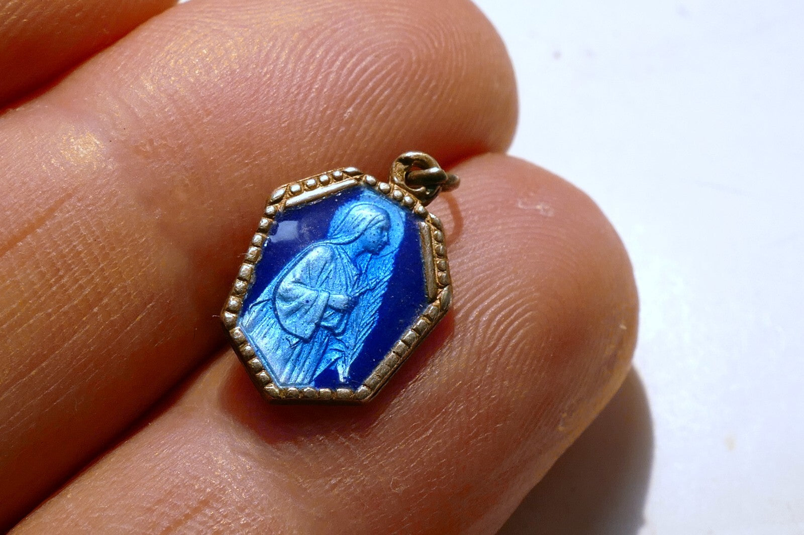 Virgin Mary Christ Pendant Charm Saint J.B. M. Vianney cure d'Ars Blue Enemeled