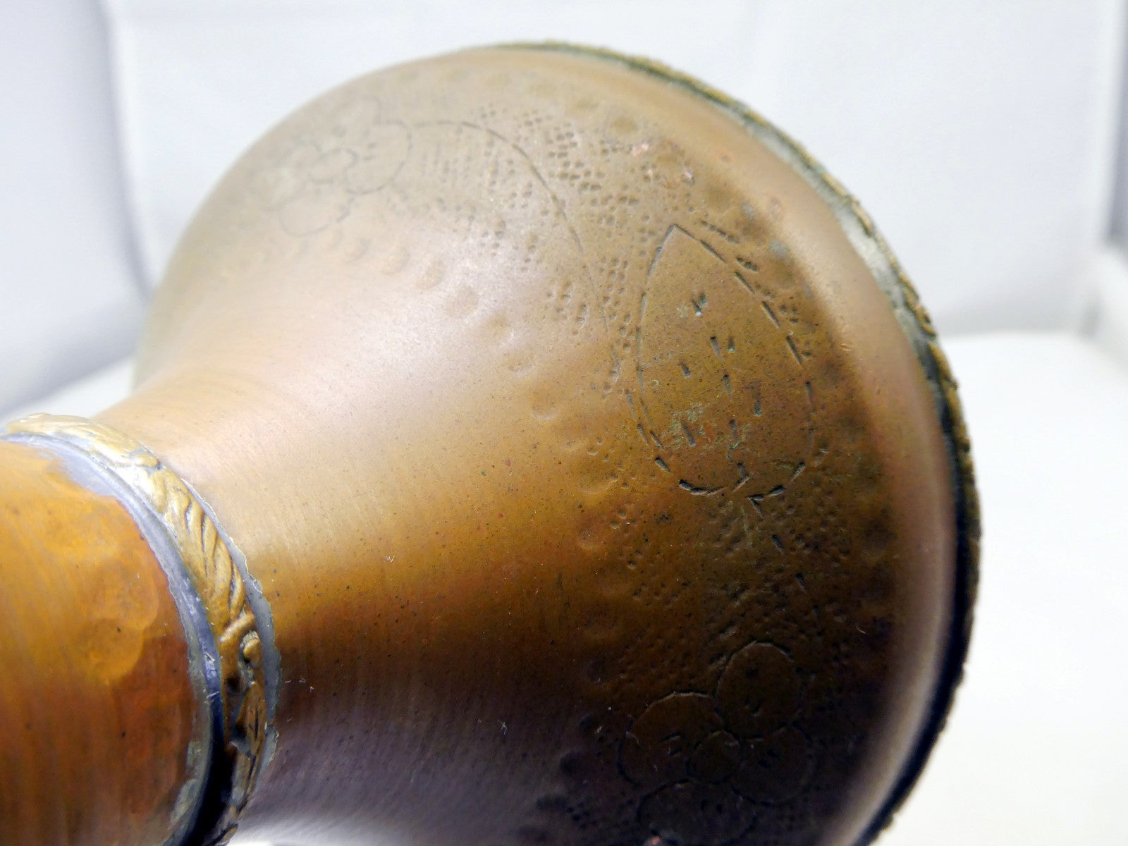 Solid Brass Vase engraved Green Floral design 6" tall east Asian handmade