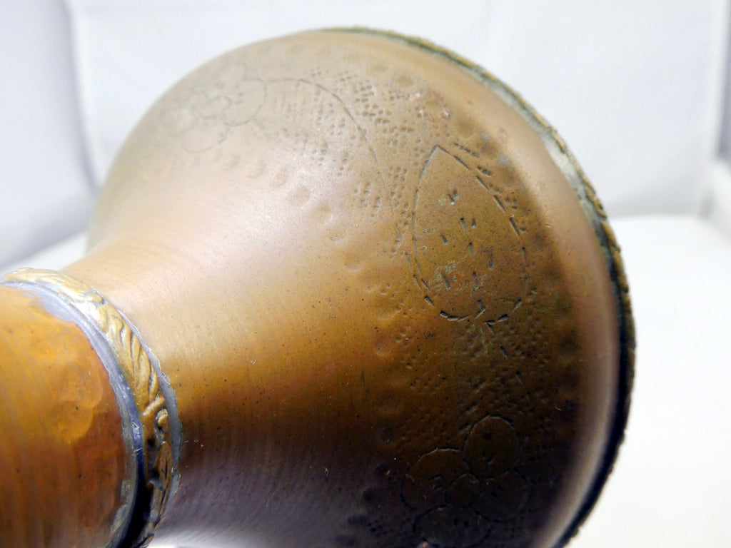 Solid Brass Vase engraved Green Floral design 6" tall east Asian handmade