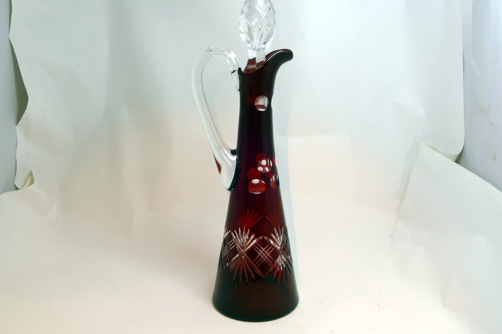 Bohemian Cut-to-Clear Ruby Red Glass Decanter With Faceted Stopper Wine