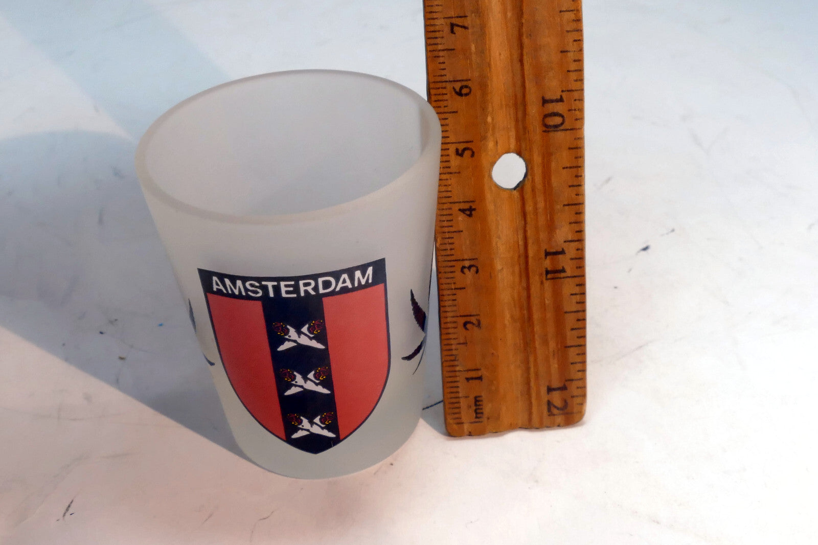 Vintage Amsterdam Shot Frosted Glass 1.5 oz with marihuana leath