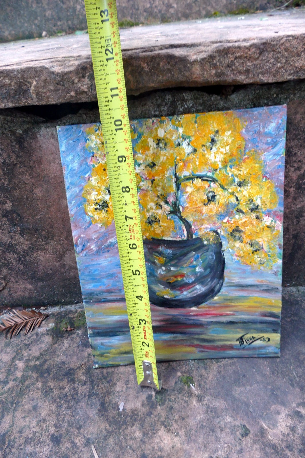 Oil Painting of  Blue Yellow Flowers Bouquet Vase Signed Minna ' 63  1963