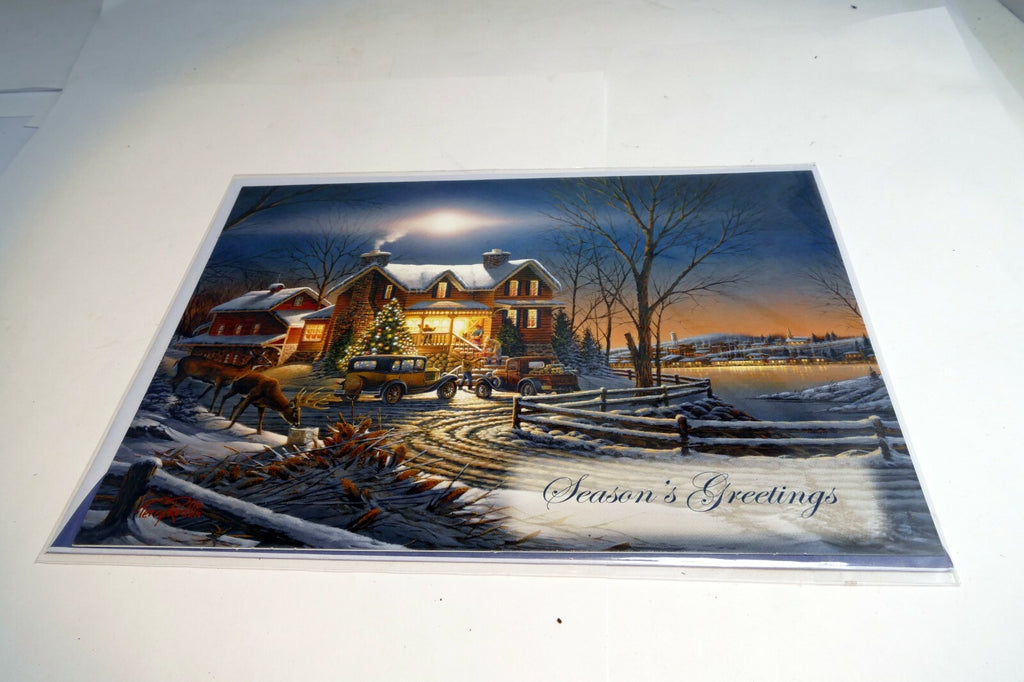Christmas Card Season's Greeting vintage car home dear snow winter lake