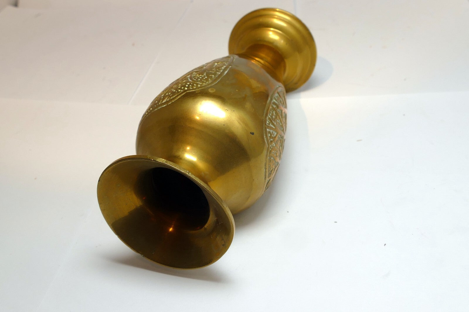 Floral etched solid brass vase bulbous bottom flared pedestal base vintage 6”