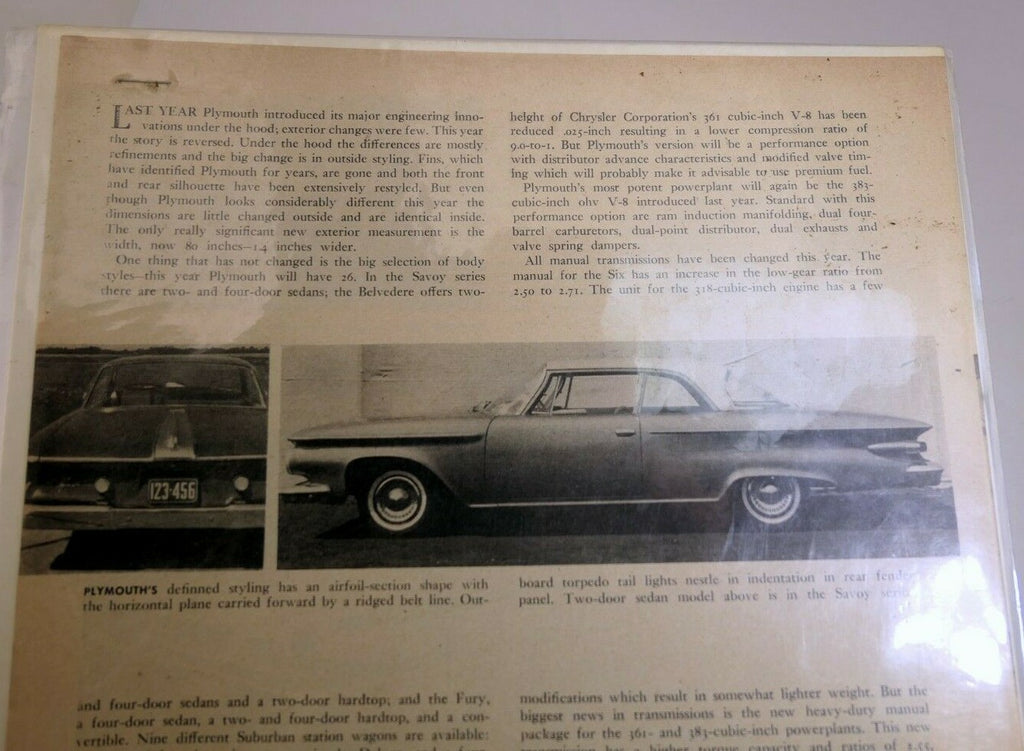 1961 plymouth v8 383 361 magazine clippings advertisement ad