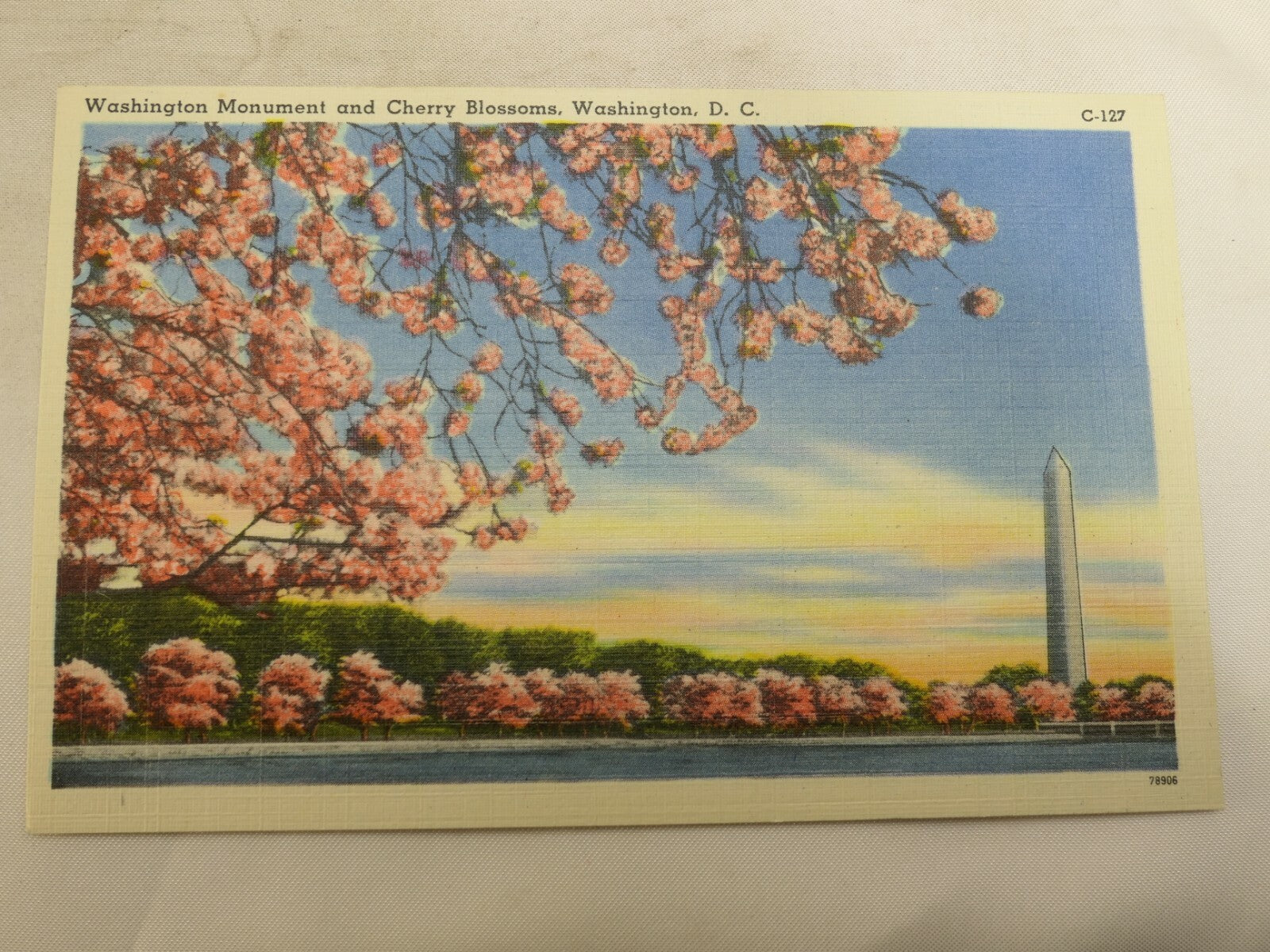 Post Card Washington Monument Potomac Cherry Blossoms Washington DC Linen 1940s