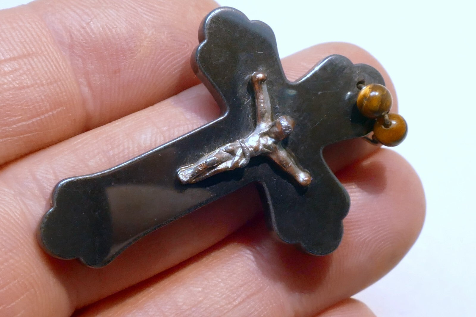 Metal Crucifix Cross Hematite Pendant vintage Italy 2"