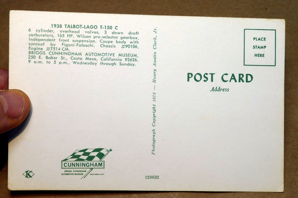 Unposted Postcard 1938 Talbot-Lago T-150 C Car from Briggs Museum 1972